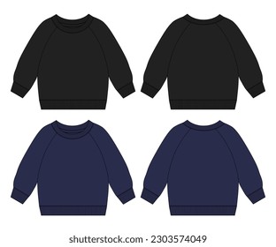 Long sleeve Sweatshirt technical drawing fashion flat sketch  vector template For men's. Sweater dress design black and navy color mockup Front and back views 
