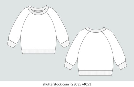 Long sleeve Sweatshirt technical drawing fashion flat sketch  vector template For men's. Sweater dress design mockup Front and back views 