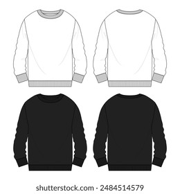 Sudadera de manga larga dibujo técnico Ilustración vectorial de dibujo plano color blanco y negro Plantilla vista frontal y posterior. Diseño de ropa maqueta de tarjeta fácil de editar y personalizable