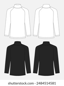 Long sleeve Sweatshirt technical drawing fashion flat sketch vector illustration white and black color template front and back views. Clothing design mock up card easy edit and customizable
