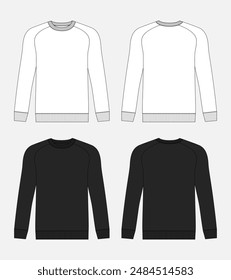 Long sleeve Sweatshirt technical drawing fashion flat sketch vector illustration white and black color template front and back views. Clothing design mock up card easy edit and customizable