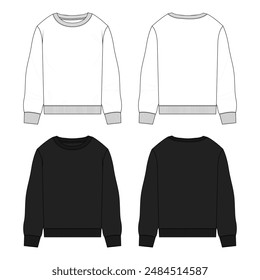 Long sleeve Sweatshirt technical drawing fashion flat sketch vector illustration white and black color template front and back views. Clothing design mock up card easy edit and customizable