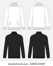 Long sleeve Sweatshirt technical drawing fashion flat sketch vector illustration white and black color template front and back views. Clothing design mock up card easy edit and customizable