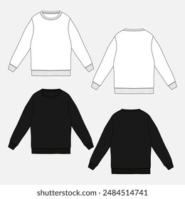 Long sleeve Sweatshirt technical drawing fashion flat sketch vector illustration white and black color template front and back views. Clothing design mock up card easy edit and customizable