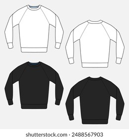 Long sleeve sweatshirt technical drawing fashion flat sketch vector illustration white, black color template for men's. Fleece fabric Warm clothing design cad