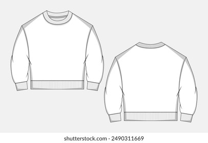 Long sleeve sweatshirt  technical drawing fashion flat sketch vector illustration template for kids