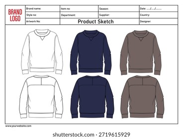 Long sleeve sweatshirt technical drawing fashion flat sketch vector illustration template front and back
