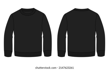 Long sleeve sweatshirt technical fashion flat sketch vector illustration black color template front and back views isolated on white background.