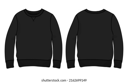 Long Sleeve Sweatshirt technical fashion flat sketch vector illustration Black Color template front and back views. Fleece jersey sweatshirt sweater jumper for men's and boys.
