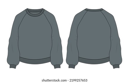 Langärmeliges Sweatshirt technische Mode flache Skizze Vektorgrafik Gray Color Vorlage Vorderseite und Rückansicht. Cotton Fleece Jersey Winterkleidung Design-Motiv-Karte