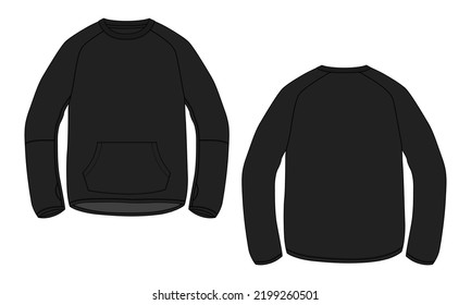 Long sleeve sweatshirt technical fashion flat sketch vector illustration Black Color template front and back views. Cotton fleece jersey Winter clothing design mock up cad