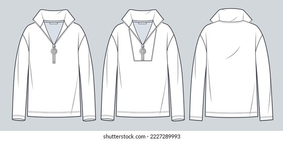 Long Sleeve Sweatshirt technical fashion illustration.  Roll neck Shirt fashion flat technical drawing template,  zipper closure, front and back view, white, women, men, unisex CAD mockup set.