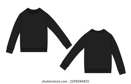 Long Sleeve Sweatshirt technical fashion flat sketch vector illustration Black Color template front and back views. Fleece jersey sweatshirt sweater jumper for men's and boys.
