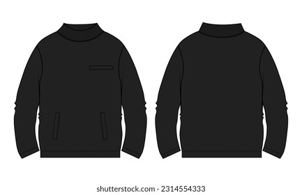 Long Sleeve Sweatshirt technical fashion flat sketch vector illustration Black Color template front and back views. Fleece jersey sweatshirt sweater jumper for men's and boys.
