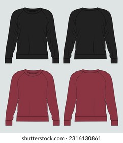 Long sleeve sweatshirt technical fashion flat sketch vector illustration Black and red  Color template front and back views.
