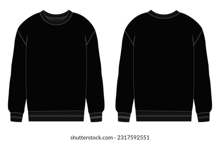Long sleeve sweatshirt technical fashion flat sketch vector illustration Black Color template front and back views.
