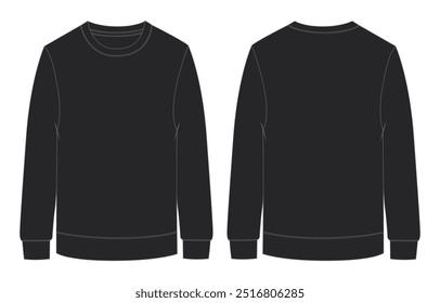 Long sleeve sweatshirt technical fashion flat sketch vector illustration Black Color template front and back views.
