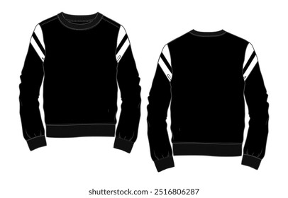 Long sleeve sweatshirt technical fashion flat sketch vector illustration Black Color template front and back views.
