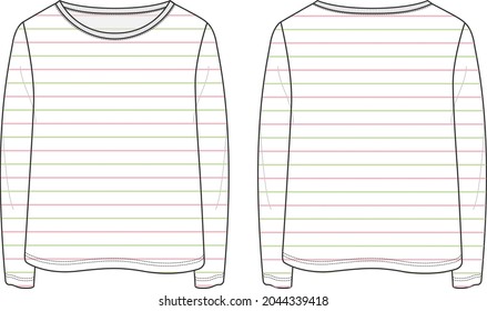 Long sleeve t shirt with all over colorful stripe technical fashion flat sketch vector illustration template for ladies and baby girls. Apparel design Mock up. Ladies Unisex tops CAD. Easy editable
