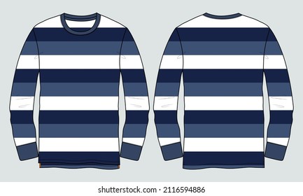 Long Sleeve T shirt With Blue, Navy Color Stripe All Over Body Technical Fashion Flat sketch Vector Illustration Template Front And Back Views. Apparel Clothing Design Mock up CAD.
