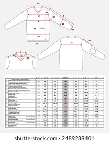 Long sleeve t shirt with measurements chart details vector illustration  