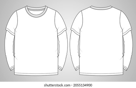 Long sleeve T shirt overall technical fashion flat sketch vector Illustration template front and back views isolated on white background. Basic apparel Design Mock up for Men's, Kids and boys.
