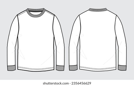 Long sleeve T shirt overall technical fashion flat sketch vector Illustration template front and back views isolated on Grey background. Basic apparel Design Mock up for Men's, Kids and boys.
