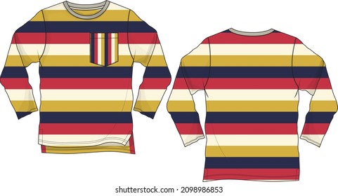 Long Sleeve T shirt With Pocket and  Multicolor Stripe All Over Body Technical Fashion Flat sketch Vector Illustration Template Front And Back Views. Apparel Clothing Design Mock up CAD.