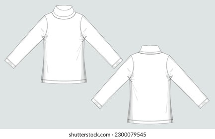 Long sleeve T shirt with stand up collar technical drawing fashion flat sketch vector illustration template front and back views isolated on Grey background