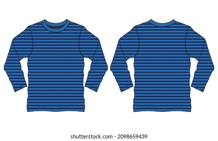 Long Sleeve T shirt With Stripe All Over Body Technical Fashion Flat sketch Vector Illustration Template Front And Back Views. Apparel Clothing Design Mock up CAD.