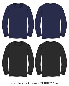 Long sleeve t shirt technical fashion flat sketch vector illustration template front and back views isolated on white background. Cotton jersey apparel design black, Navy color mock up. Easy editable