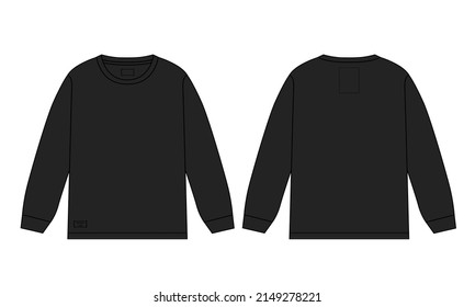 Long sleeve t shirt Technical fashion flat sketch vector illustration Black Color template front and back views for men's and boys. Flat style Apparel Design Mock up Cad.