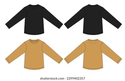 Long sleeve t shirt technical drawing Fashion flat sketch vector illustration black and yellow color Template Front and back views 