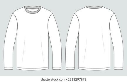 Long sleeve T shirt Technical Fashion flat sketch vector illustration template front and back views. Clothing design mock up for men's isolated on grey background.