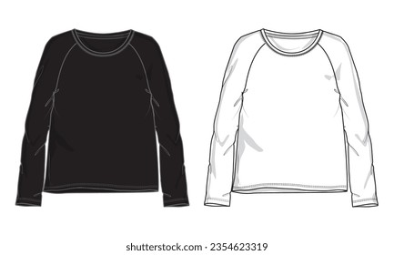 Long sleeve t shirt technical fashion flat sketch template for ladies. Apparel Cotton jersey vector illustration drawing mock up front, views. Clothing t shirt design for women's