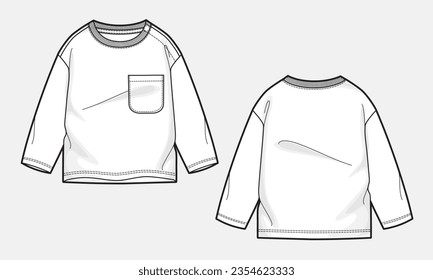 Long sleeve t shirt technical drawing fashion flat sketch vector illustration template for men's and boys