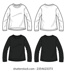 Long sleeve t shirt technical fashion flat sketch template for ladies. Apparel Cotton jersey vector illustration drawing mock up front, views. Clothing t shirt design for women's