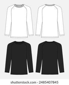 Long sleeve t shirt technical drawing fashion flat sketch vector illustration white and black color template for women's. Apparel design mock up card easy edit and customizable