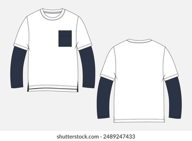  Long sleeve  t shirt technical drawing fashion flat sketch vector illustration template front and back views. 