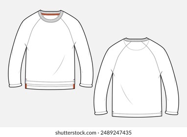  Long sleeve  t shirt technical drawing fashion flat sketch vector illustration template front and back views. 