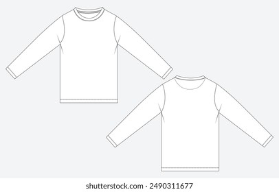 Camiseta de manga larga dibujo técnico dibujo plano bosquejo de Ilustración vectorial Plantilla vista frontal y posterior. Ropa maqueta de camiseta para hombre.