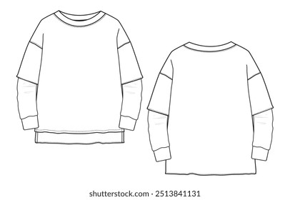 Long sleeve t shirt technical drawing fashion flat sketch vector illustration template front and back views