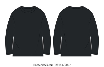 Long sleeve T shirt technical drawing fashion flat sketch vector Illustration Black Color template front and back views. Basic apparel Design Mock up for Men's and boys.
