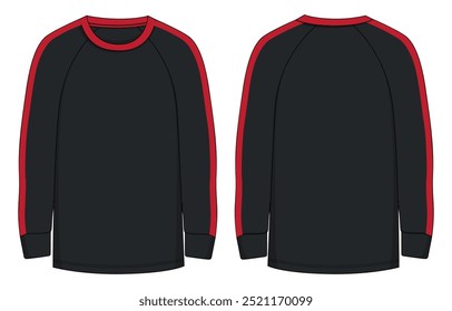 Long sleeve T shirt technical drawing fashion flat sketch vector Illustration Black Color template front and back views. Basic apparel Design Mock up for Men's and boys.
