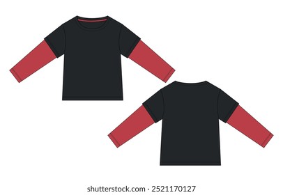 Long sleeve T shirt technical drawing fashion flat sketch vector Illustration Black Color template front and back views. Basic apparel Design Mock up for Men's and boys.
