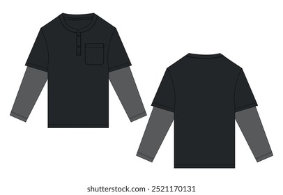 Long sleeve T shirt technical drawing fashion flat sketch vector Illustration Black Color template front and back views. Basic apparel Design Mock up for Men's and boys.
