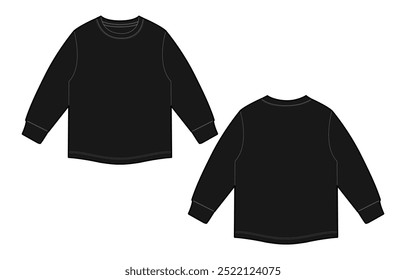 Long sleeve T shirt technical drawing fashion flat sketch vector Illustration Black Color template front and back views. Basic apparel Design Mock up for Men's and boys.
