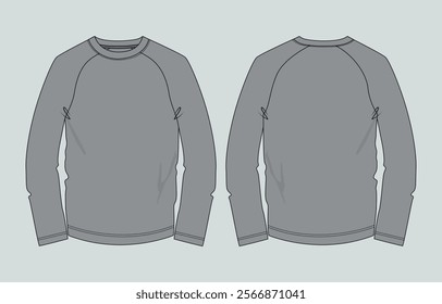 Long sleeve t shirt Technical fashion flat sketch vector illustration Grey Color template front and back views for men's and boys. Flat style Apparel Design Mock up Cad.
