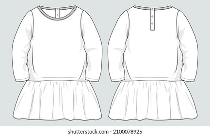 Long Sleeve T Shirt Top With Skirt Kids Dress design technical flat sketch vector template. Apparel fashion illustration front and back view. Easy editable and customizable.
