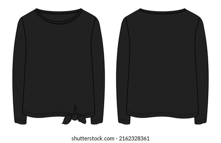 Long sleeve T shirt tops technical fashion flat sketch vector Illustration black color template for ladies. Basic apparel Design Women's unisex Mockup CAD.